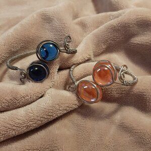 VINTAGE Handmade Wire Wrapped Cuff Bracelets with Blue and Orange Glass Stones